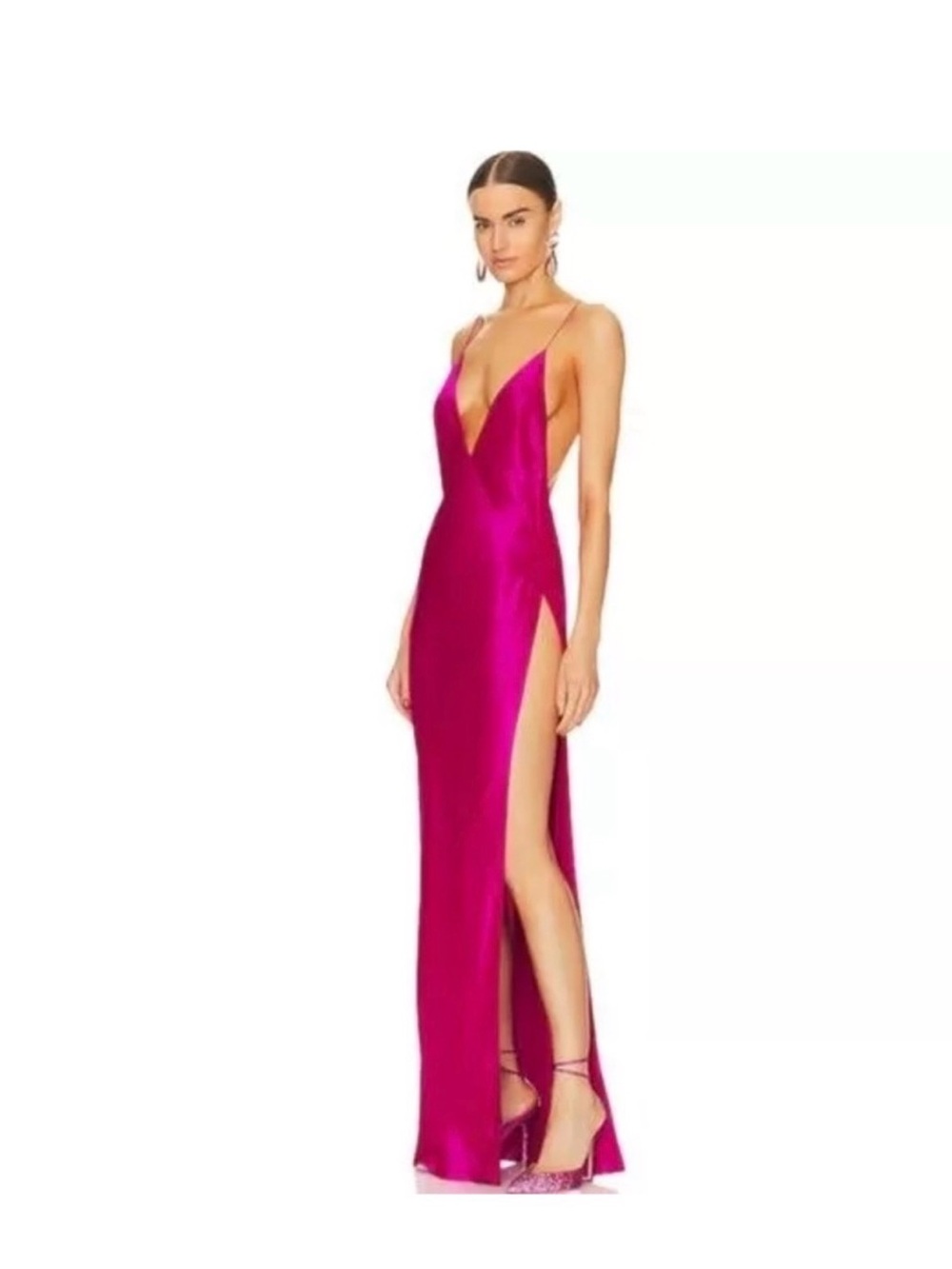 Retrofête Paloma Hot Pink Satin Plunge Slip Gown with High Side Slit